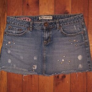OK Jeans Denim Skirt with rivets and distressing, raw hem size 29 pre-loved